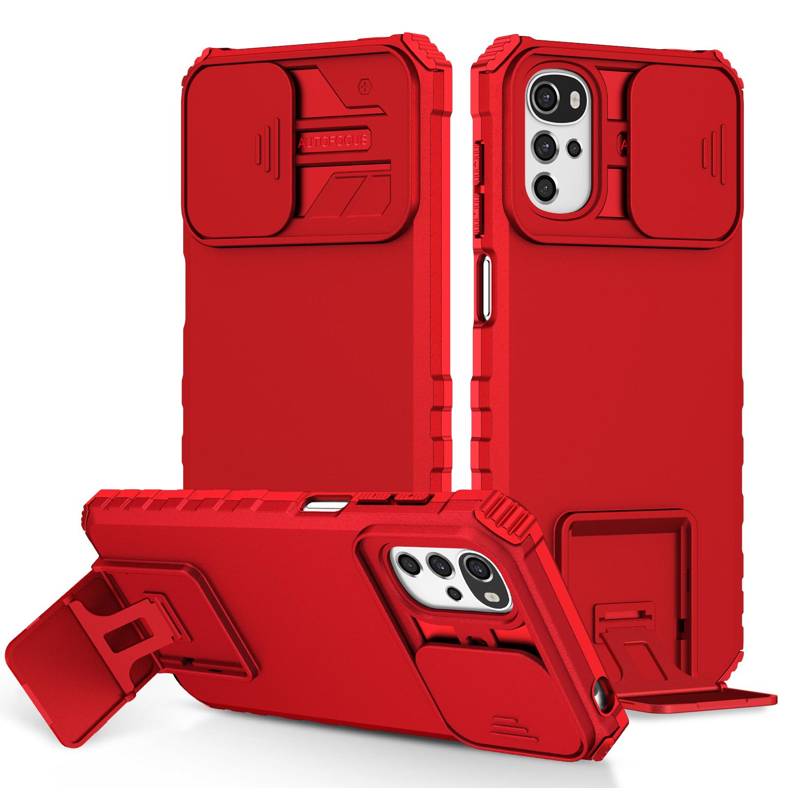 

For Motorola Moto E32 4G/Moto G22 Slide Lens Shield PC+TPU Phone Cover Kickstand Back Case Red