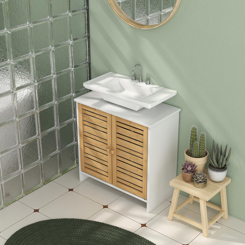 Bathroom Sink Cabinet 2 Doors Adjustable Shelf Storage Cupboard For Washbasin 60x30x60 Cm White Bamboo