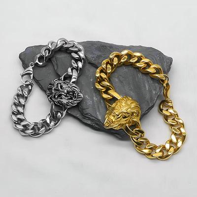 Bracciale Hip Hop Testa di Leone: Catena Trendy Spessa, Acciaio al Titanio Pesante per Uomo e Donna
