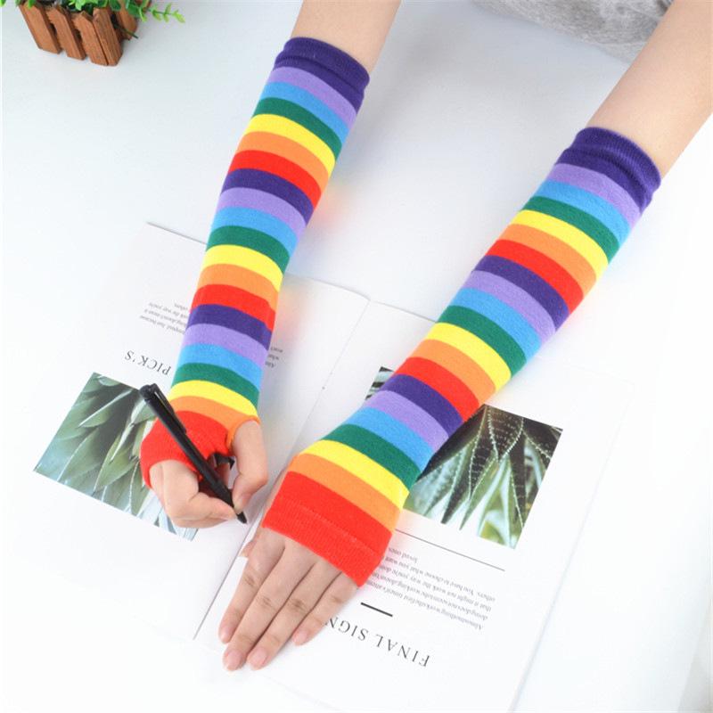 Women's Rainbow Stripe Half-Finger Cotton Dance Gloves with Sun Protection