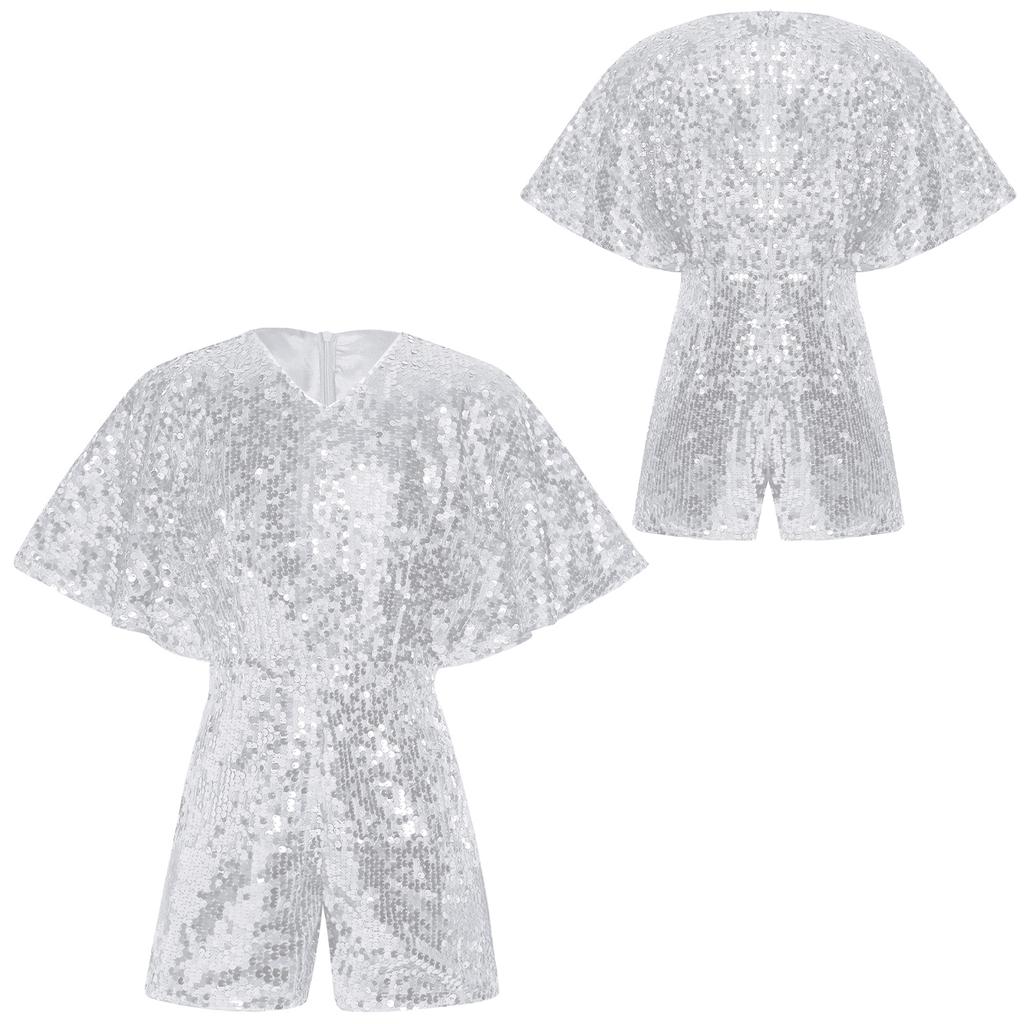 Complete Party-Ready Jumpsuit for Girls: Sparkling Sequins V-Neck Cap Sleeve Bodysuit, Perfect for Photos & Special Events