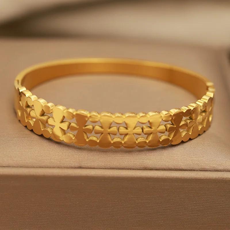FYSARA New Trend Cross Flower Style Stainless Steel Bracelet for Women Birthday Lucky Present Friendship Titanium Steel Zircon