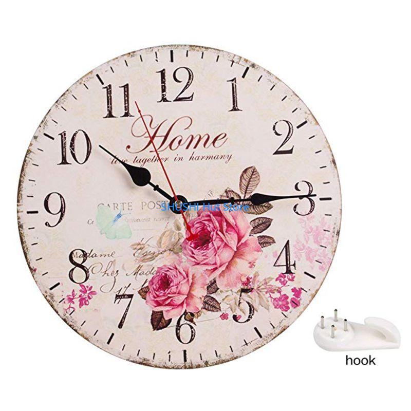 

13 Inch European Country Wall Clock Retro Floral Print Battery Operated Ro D57B