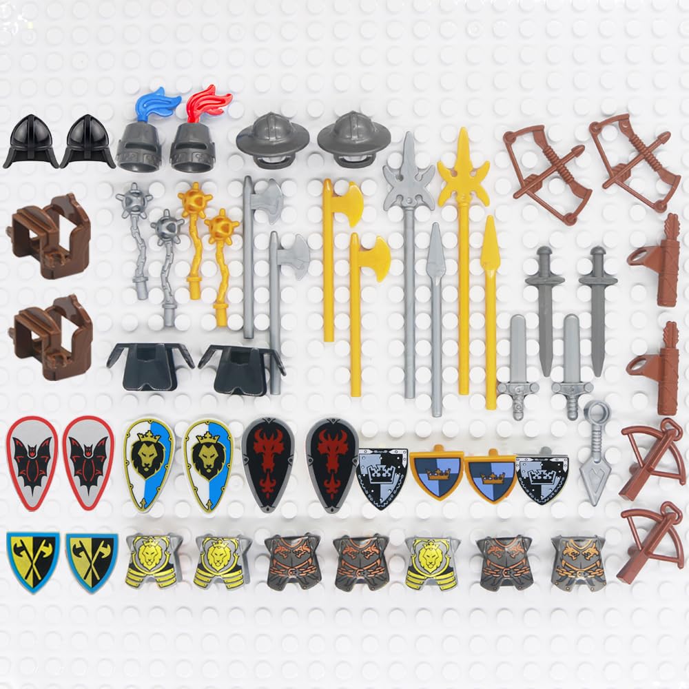 Mittelalterlicher Ritter Waffen Teile Set - Rüstung, Schwert, Helm, Pferd, Schild, Artilleriewagen - Bausteine Burg Figur Zubehör Set