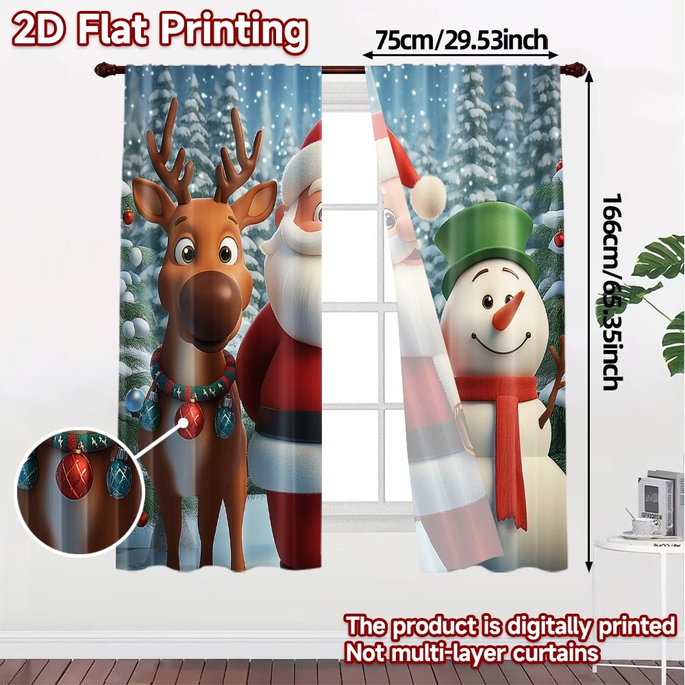 2pcs,Curtains Cute Santa Claus with Reindeer Snowman (2) Fashionable Popular Curtains Semi-Sheer Curtains Decorations Inside