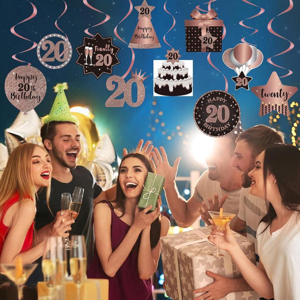 Happy 20th Birthday Party Hanging Swirls Streams Ceiling Decorations, Celebration 20 Foil Hanging Swirls with Cutouts for 20 Years Old Rose Gold