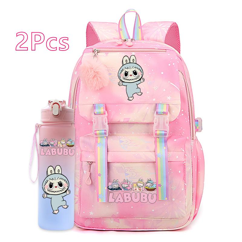 2Pcs/set Cute Cartoon Printed Backpack with 750Ml Outdoor Sports Water Bottle Student Girl Boy Schoolbag Large Capacity Travel Bag Gift