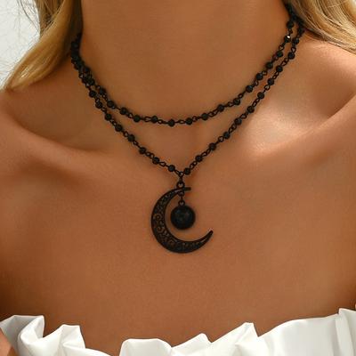 Gotischer Retro Hohlmond Anhänger Doppellagige Halskette für Damen, Hexe, Dunkles Partygeschenk, Outfit, Accessoire