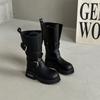 Fashion Short Boots Belt Buckle Locomotive Boxing Boots Women's Design Thick-soled Leather Boots Retro Medium Tube Thick Heel Knight Boots