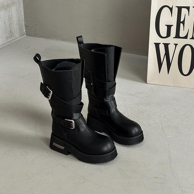 Fashion Short Boots Belt Buckle Locomotive Boxing Boots Women's Design Thick-soled Leather Boots Retro Medium Tube Thick Heel Knight Boots