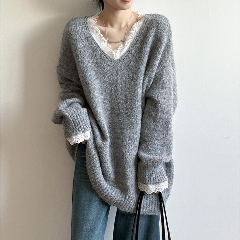 Lace-trimmed Sweater for Women's Winter Laid-back V-neck Loose, Soft and Gentle Knitted Top