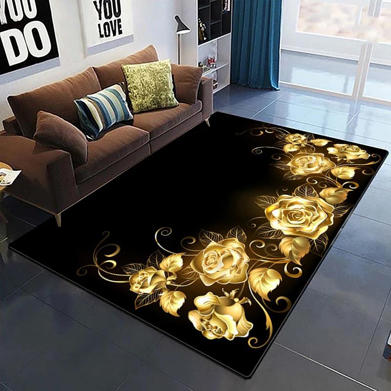 Goldene Rose Blumenteppich Für Zuhause Schlafzimmer Wohnzimmer Sofa Tisch Dekor Weicher Teppich Küchenbodenmatte 3D-Druck Blumenmuster Fußmatte