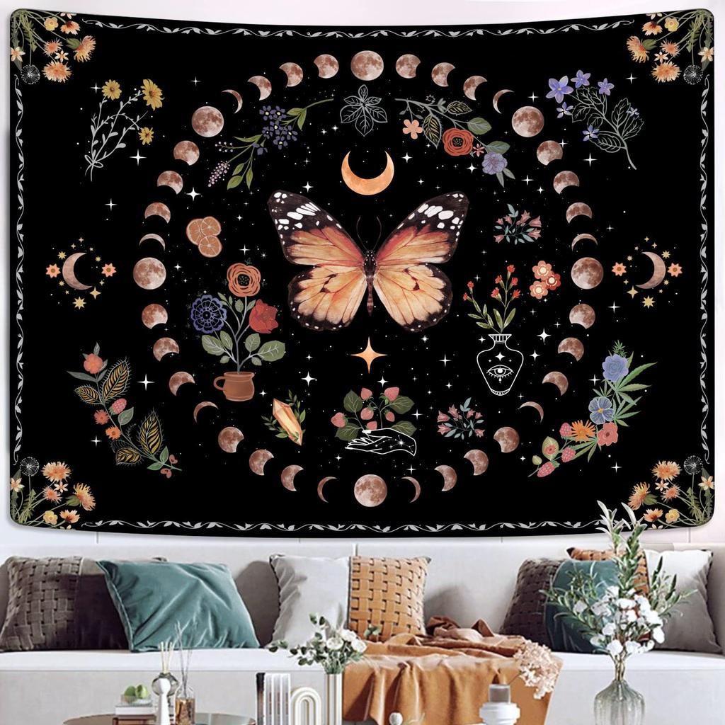 Orange Butterfly Moon Flower Tapestry Boho Floral Plant Tapestries For Bedroom Aesthetic Tapastry'S Wall Hanging Mandala