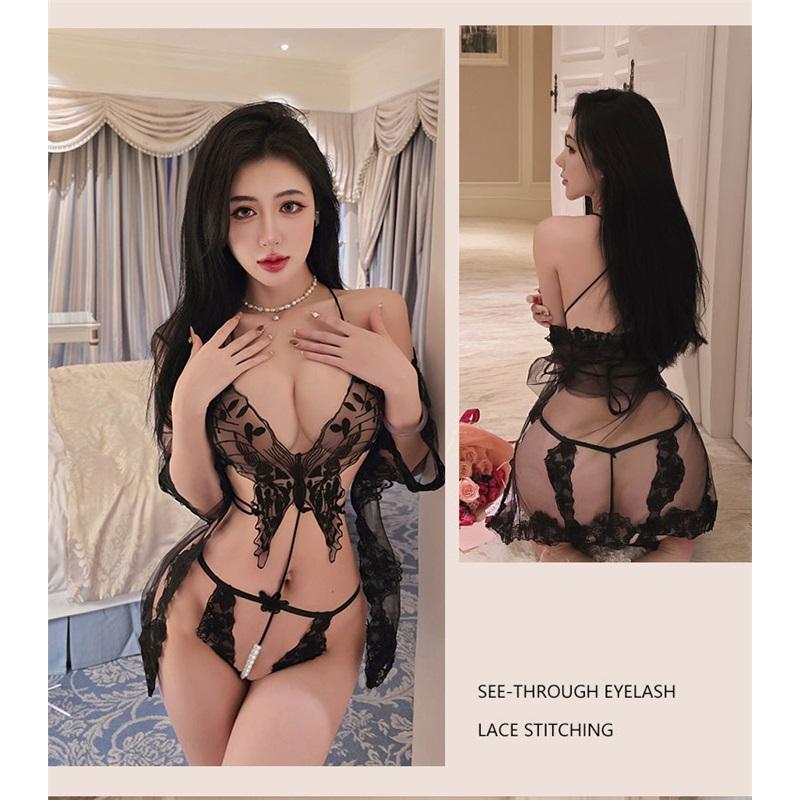 Crotchless Sexy Lingerie Lace Hollow Bra Set Erotic Costumes Teddy Baby Doll Dress Deep V Open Bra Porn Women Underwear Sexsuit