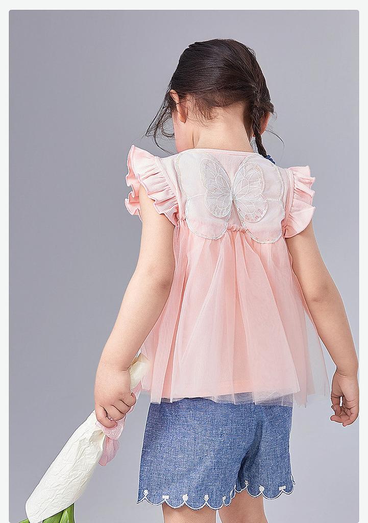Embroidered Butterfly Flying Sleeves: Summer Children's Casual Fashion Top for Infants and Girls' T-shirts