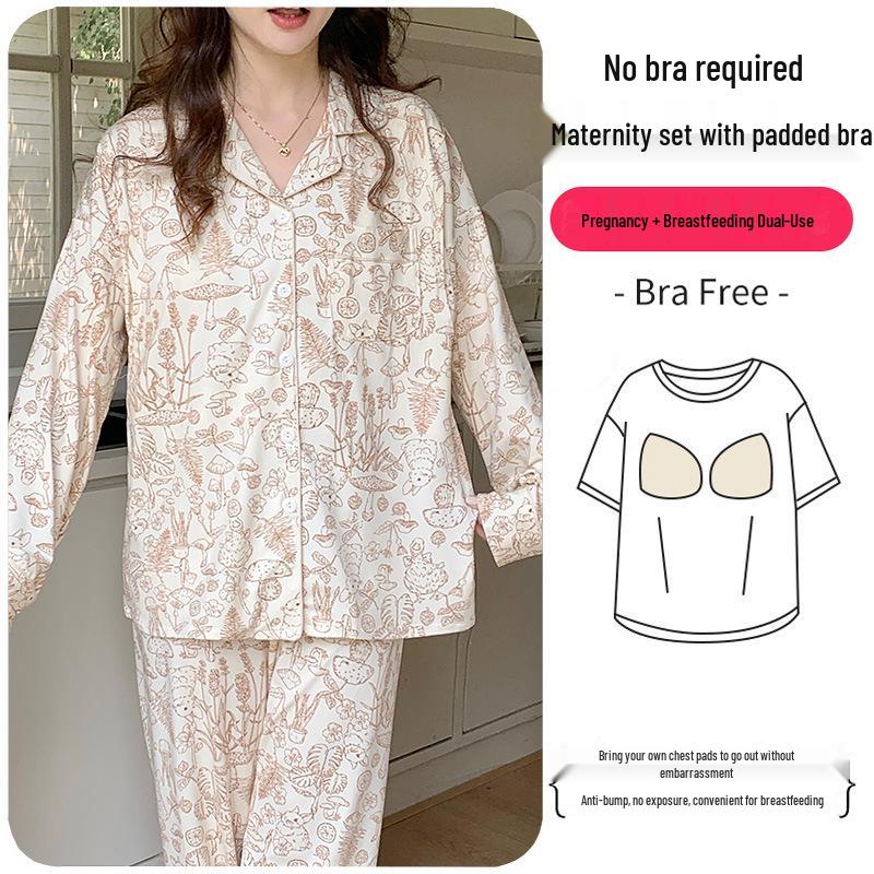 Plus Size Maternity & Postpartum Pajama Set with Breast Pads - Long Sleeve, Spring & Autumn Nursing Wear