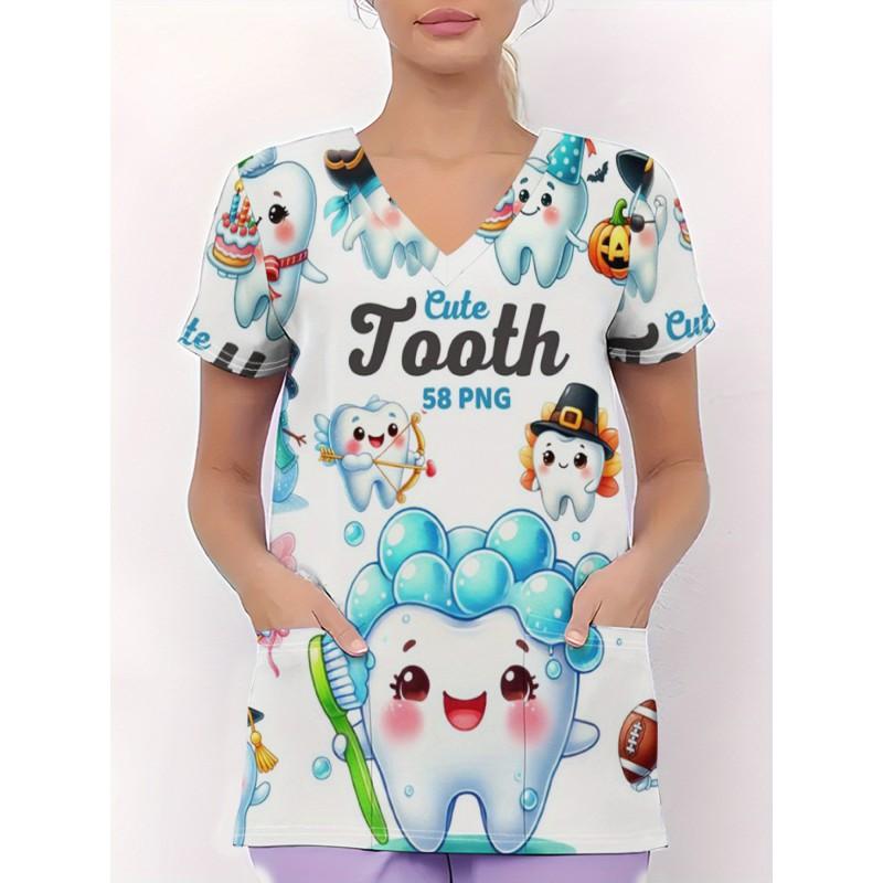 Womens V-Neck Short Sleeve Nursing Scrub Top With 3D Cartoon Print Comfortable Workwear Casual Medical Uniform