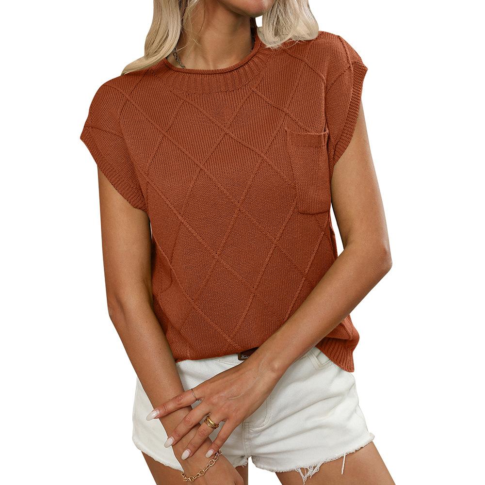 Women's Round Neck Pocket Decoration Diamond Grid Short Sleeved Sweater for Women Shirt