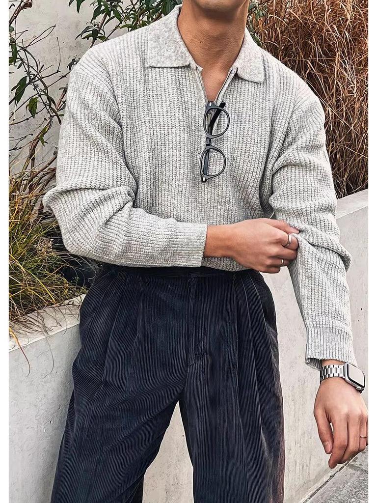 Maglia Polo da Uomo in Maglia con Mezza Zip Stile Europeo - Vestibilità Slim Manica Lunga Casual in Lana Top da Lavoro