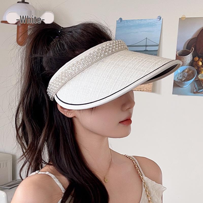 Women's Summer UV Protection Topless Sun Hat with Pearls - Black Rubber Wide Brim