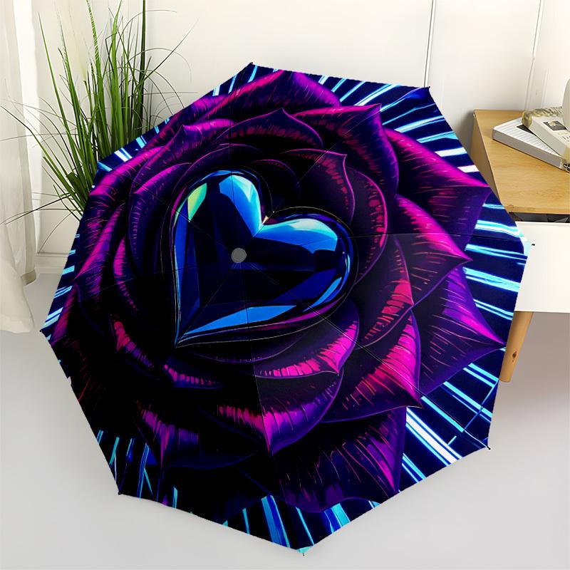 

1pc Neon Rose Heart Print Automatic Opening and Closing Folding Umbrella with 8 Iron Ribs - Portable, Foldable for Travel yy251124074