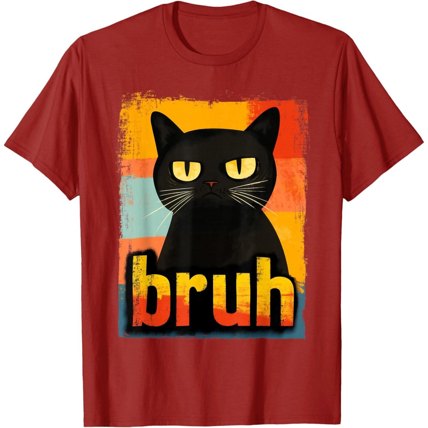 Bruh Grumpy Black Cat Meme Graphic TShirt Funny Retro Style Tee for Unisex Women S