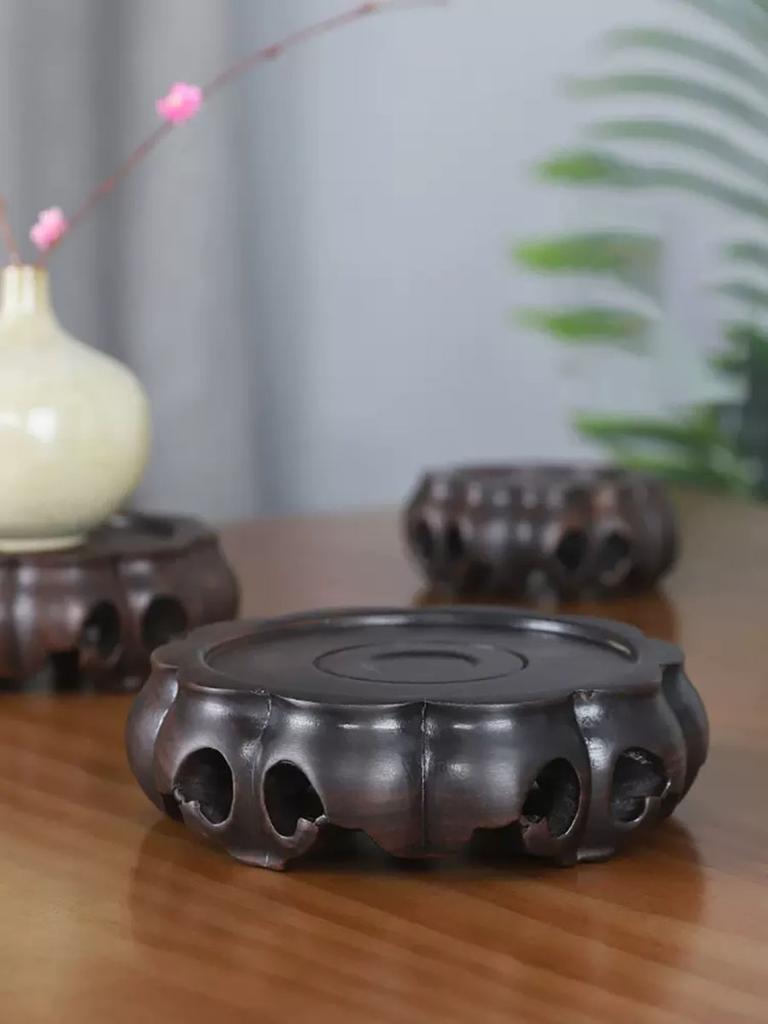 Solid Wood Circular Small Base Vase, Flower Pot, Strange Stone Tea Pot, Handicraft, Pallet, Wood Carving Decoration Ornaments