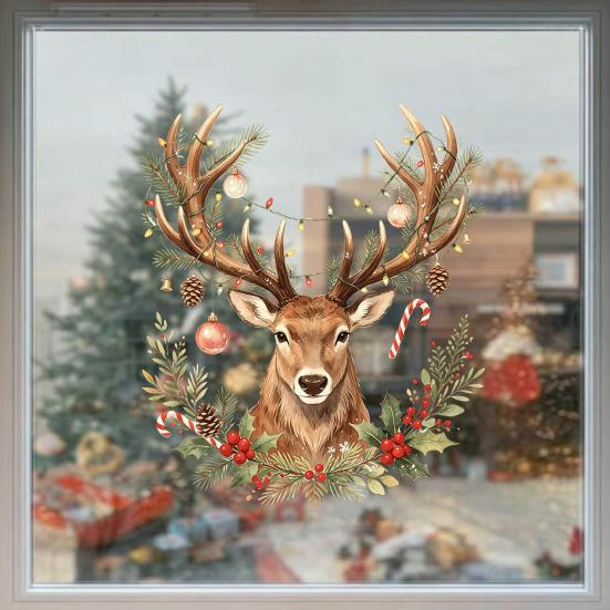 Seasonal Window Decals Christmas Watercolor Reindeer Cling, Removable Reusable Elk Head Static Easy Install Sticker Decal, Animal Decorative Glass for