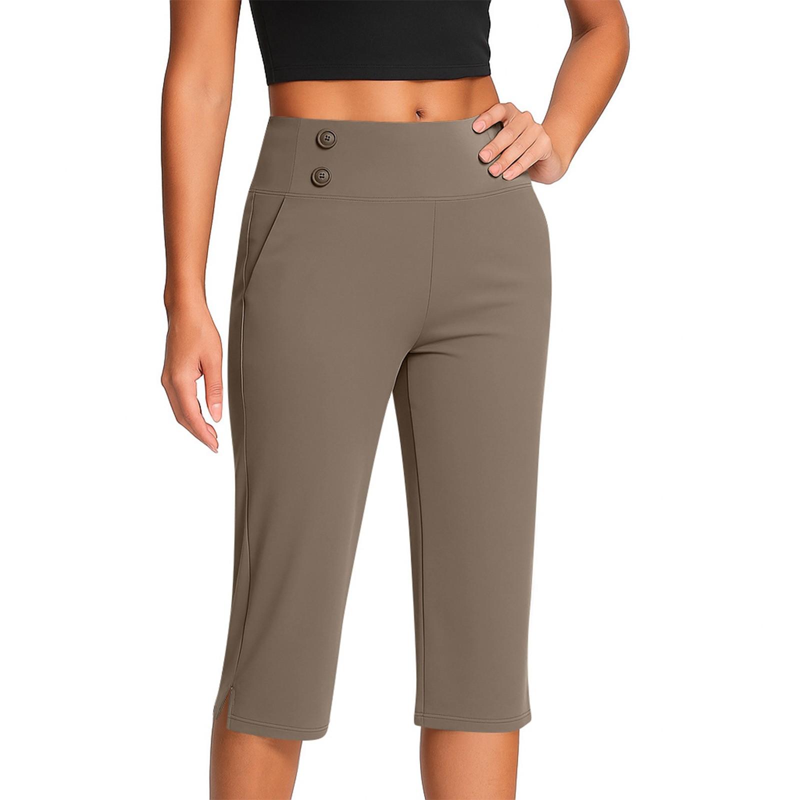 Women s High Waist Capri Pants with Pockets, Stretchy Comfortable Cropped Trousers for Casual or Office Wear L кофейный