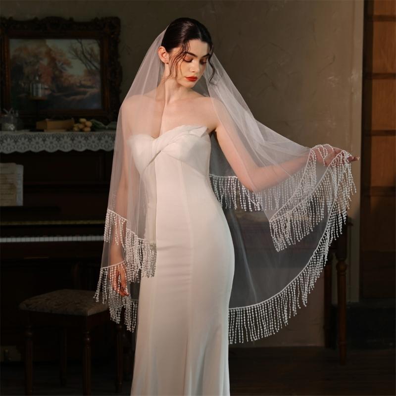 Classical White Wedding Veils Double Layer Tulle Headpiece With Flowing Fringe Design For Bridal Photoshoots Reception