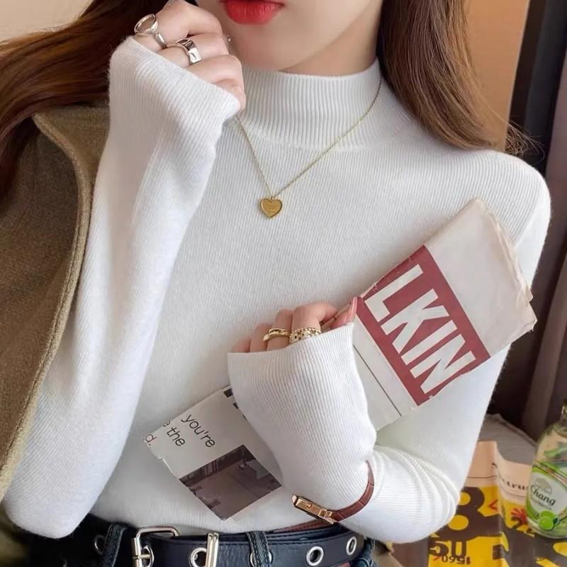Womens Slim Fit Half Turtleneck Sweater Solid Color Long Sleeve Pullover Top