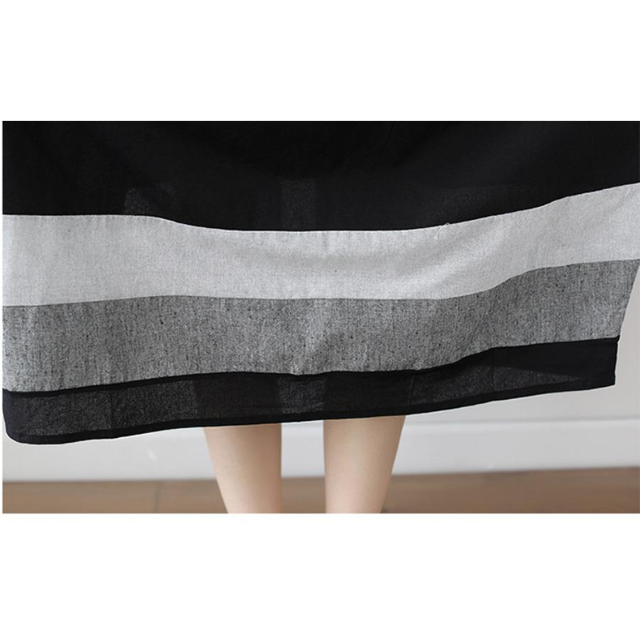 Summer Korean Oversized Loose Patchwork Striped Long Dresses Cotton Linen Short Sleeved Dress for Women