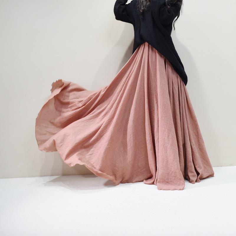 Mori Girl Cotton Linen A-Line Skirt: Elastic Waist, Long Solid Color, National Style Swing