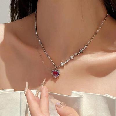 Gradient Purple Zircon Star Heart Necklace Y2K Crystal Irregular Cross Star Chain Choker Egirl Love Collar Necklaces Jewelry