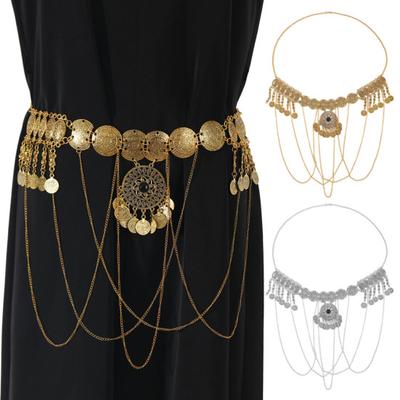 Stopowy łańcuszek na talię w stylu retro z dekoracją w postaci monet i frędzli, łańcuszek do paska o regulowanej długości