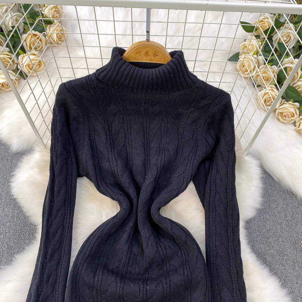Gray Fashion Turtleneck Sweater Dress For Women New Autumn Winter Chic Long Sleeves A-Line Pullover Loose Knitted Dresses