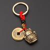 Fortune Cat & Five Emperors Coins Brass Keychain - Handmade Lucky Cat Charm with Gourd & Pixiu