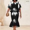 Women Plus Size Two Piece Outfit Round Neck Batwing Sleeve Geometric Printed Ruffle Hem Top Fishtail Skirt Set