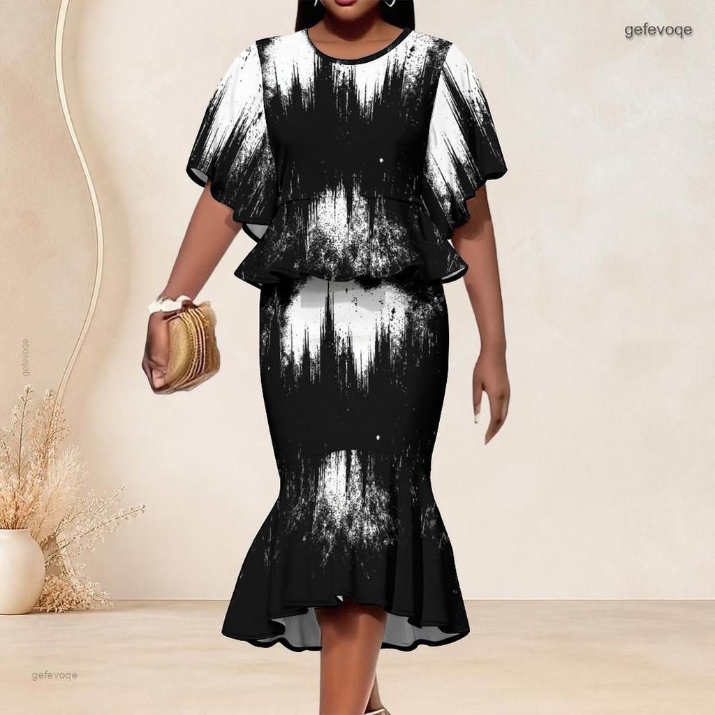 Women Plus Size Two Piece Outfit Round Neck Batwing Sleeve Geometric Printed Ruffle Hem Top Fishtail Skirt Set