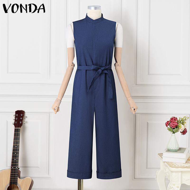 VONDA Damskie Letnie Bez Rękawów Zapinane na Zamek Dżinsowe Niebieskie z Paskiem w Talii Długie Kombinezony Ogrodniczki