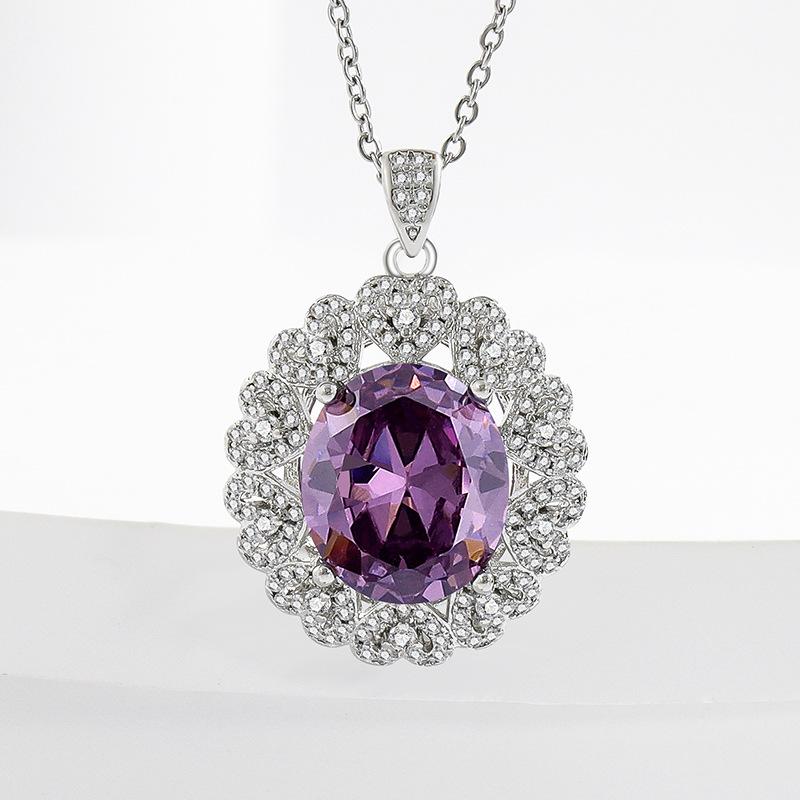 Oválný velký karátový diamant s vysokým karátem ametystový přívěsek se zirkonovým prstenem náušnicemi náhrdelníkem dámská sada šperků
