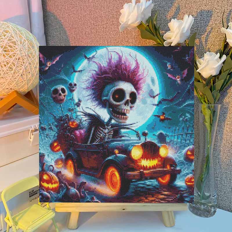 Punkový kostlivec řídící vintage auto, sada na malování diamantem s plným vrtákem, Halloweenská svítící dýně, plný měsíc, netopýr, DIY diamantové umění, dekorace, dárek