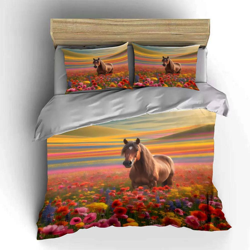 Horse In Colorful Meadow Decor Set Bedding Set with 1 Duvet Cover 2 Pillowcases Single Double King Queen Gift