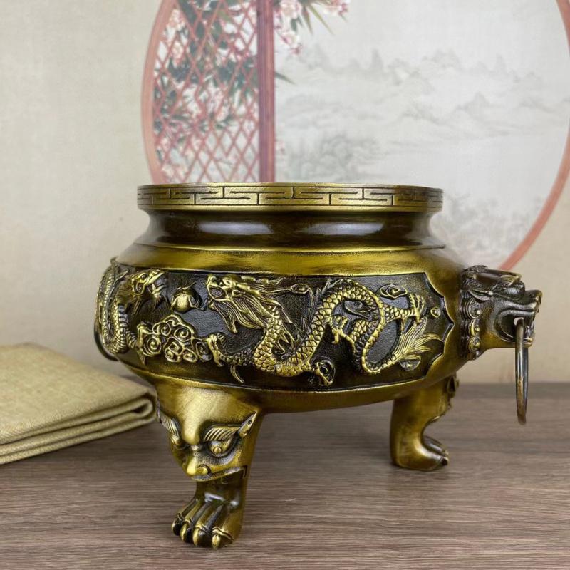 Copper Brass Household Indoor Offering Buddha God Of Wealth Double Dragon Three Legs Incense Burner Large