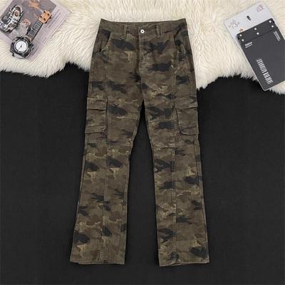 Mens Womens Vintage Camo Cargo Pants With Flared Leg Loose Fit Casual Trousers