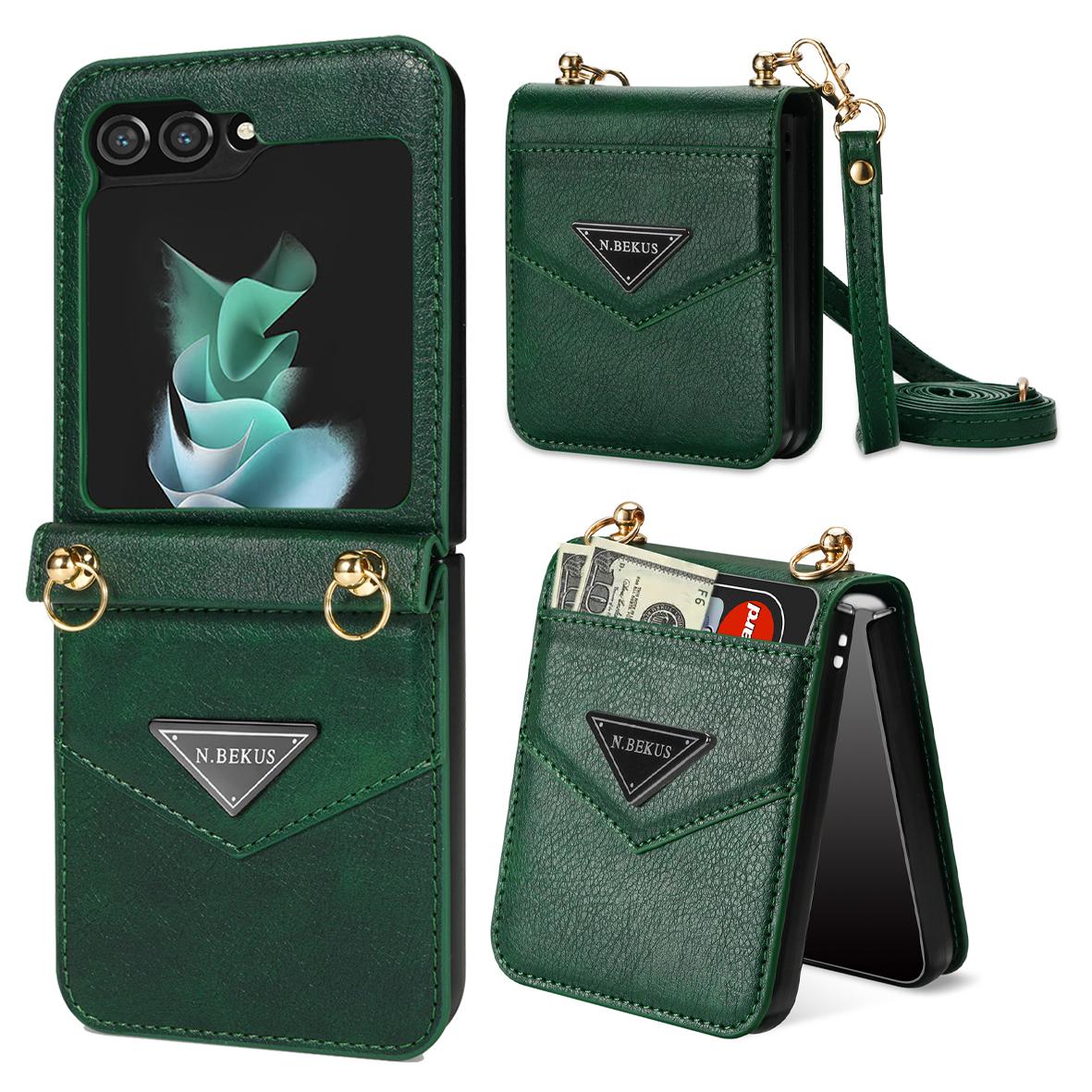 

N.BEKUS Card Holder Phone Cover for Samsung Galaxy Z Flip5 5G,PU Leather Coated PC Protective Case with Lanyard Green