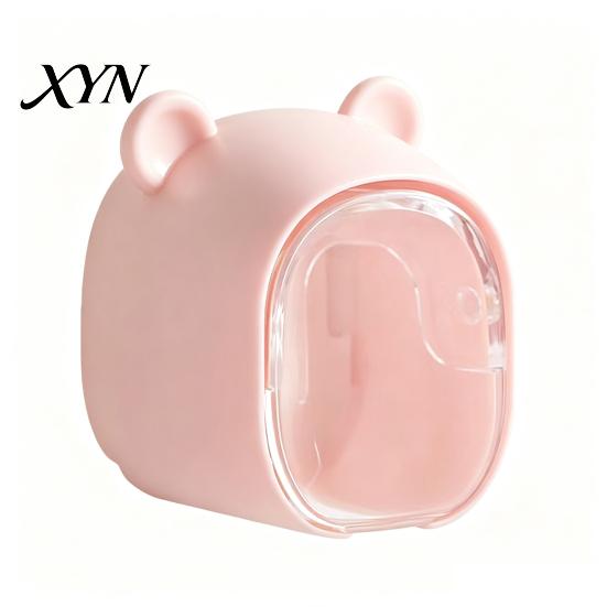 Space Saving Toothbrush Case Cute Bear Wall Mounted Holder with Dustproof Flip Cover, Single Dispenser Storage Organizer, Drill-free Electric/Manual