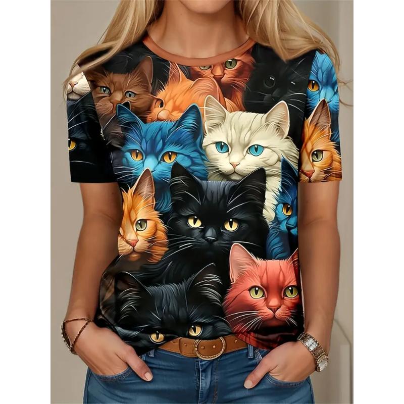 Moda Donna Girocollo Manica Corta Stampa Animale Colorata 3D T-shirt Manica Corta Girocollo con Animali