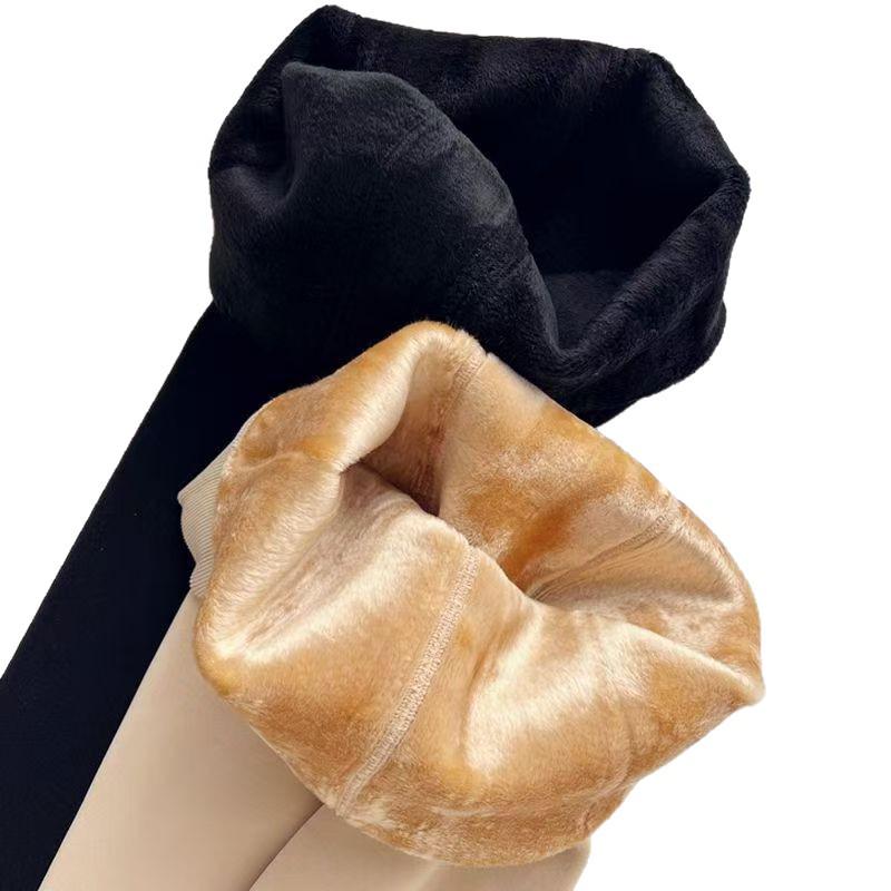 Plus Size Open Crotch Fleece-Lined Nylon Stockings, Thick Warm Leggings for Autumn/Winter