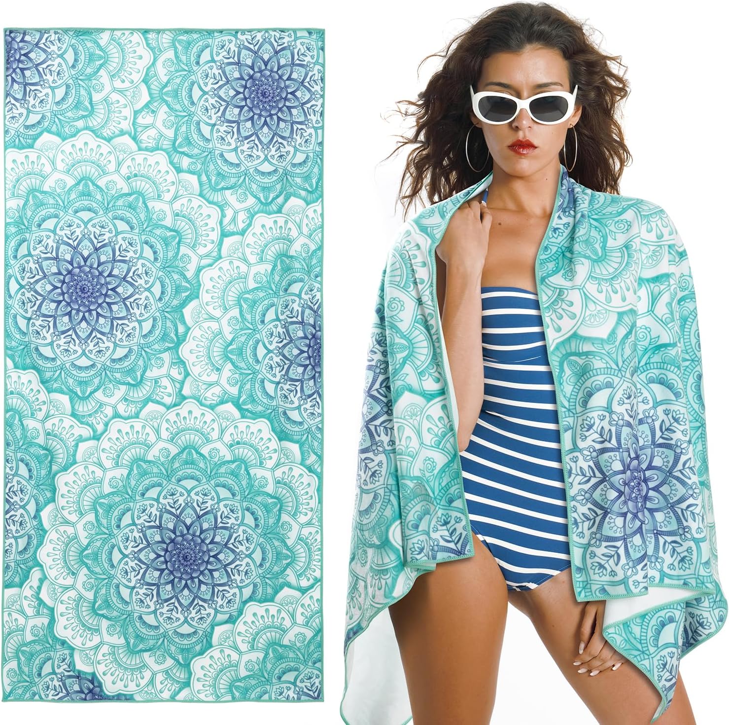 

Green Mandala Flower Beach Towel, Blue Floral Sand Free Cotton Blend Absorbent Bath Towel for Swimming Pool and Travel W30*H60(CM)